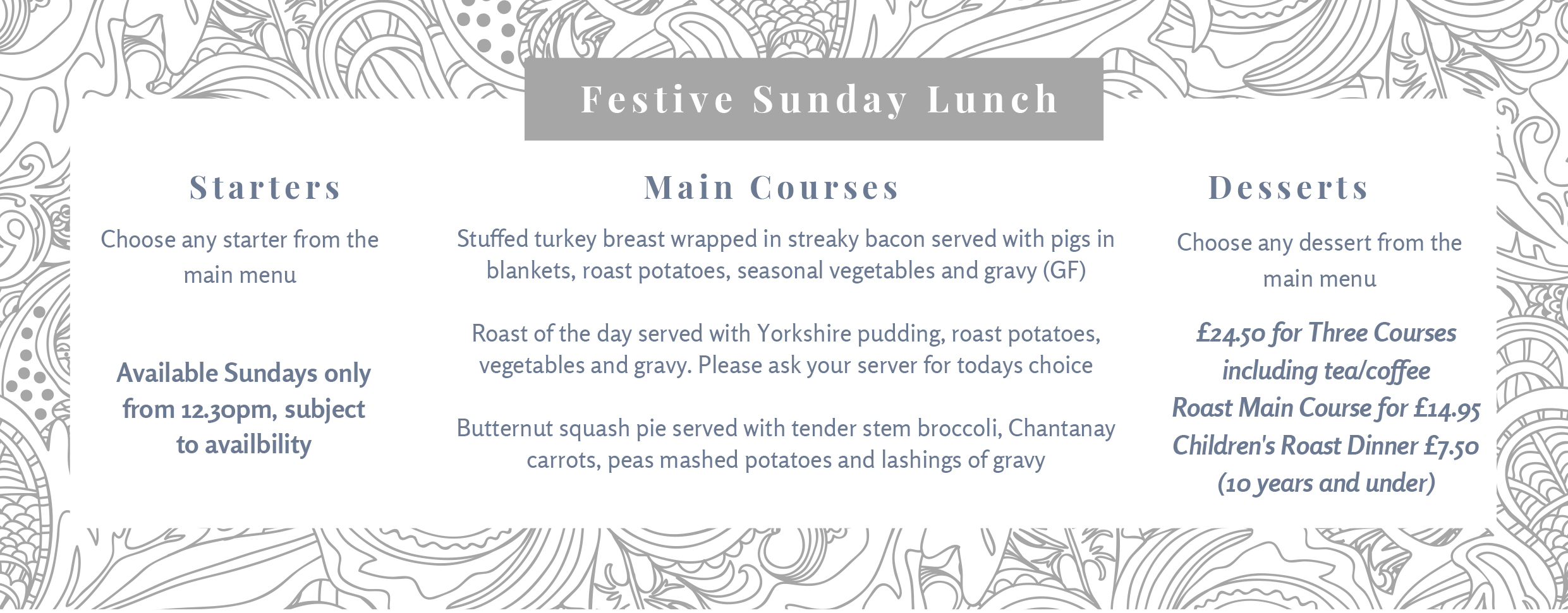 Rowans Festive Dinner Menu